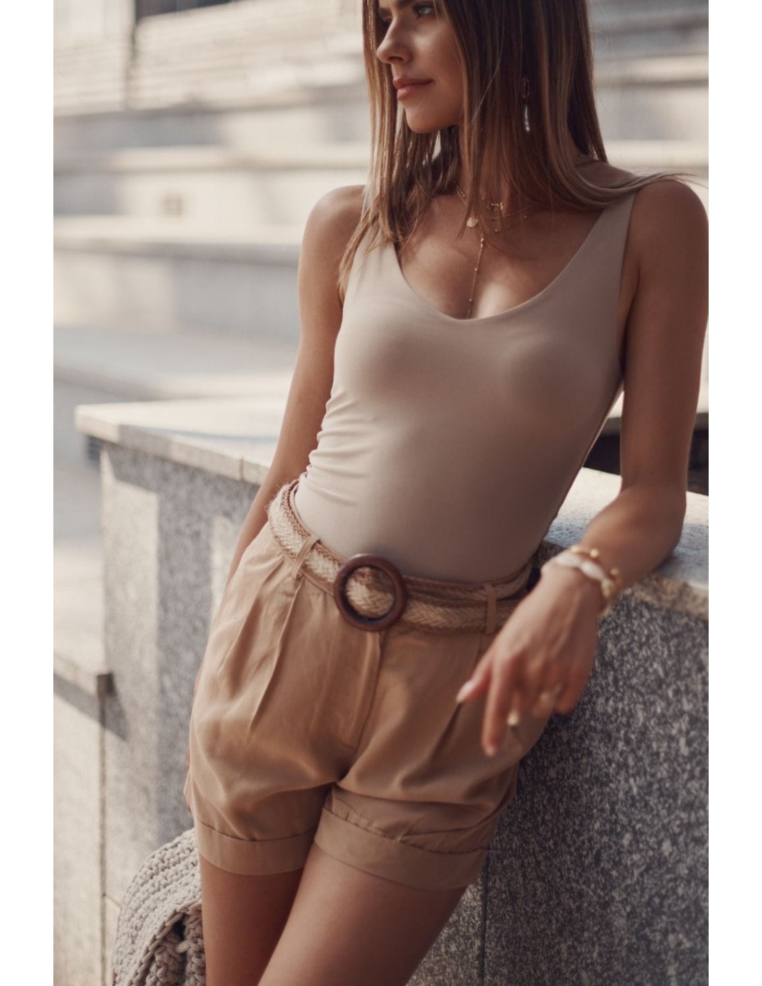 Elegant caramel shorts with a belt MP47358 - Online store - Boutique